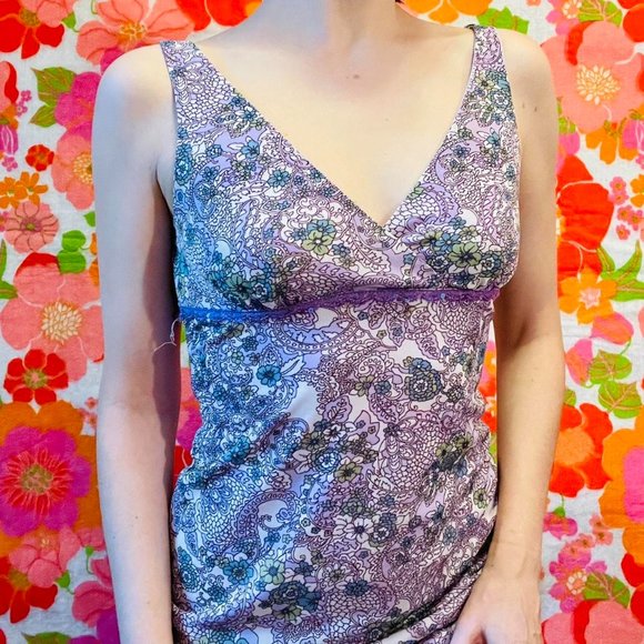 Vintage 90s y2k Lavender purple mini dress with botanical print - Picture 2 of 4